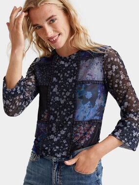 DESIGUAL patchwork floral mesh long sleeve top boho cottagecore size M